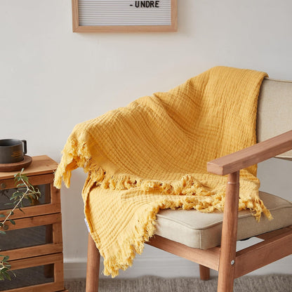 FALUCA Cotton Muslin Throw Blanket 50x60 Inches for Bed, Couch, Knit Woven Gauze Blanket, Soft Lightweight Cozy Breathable Farmhouse Decoration for All-Season, Mustard Yellow