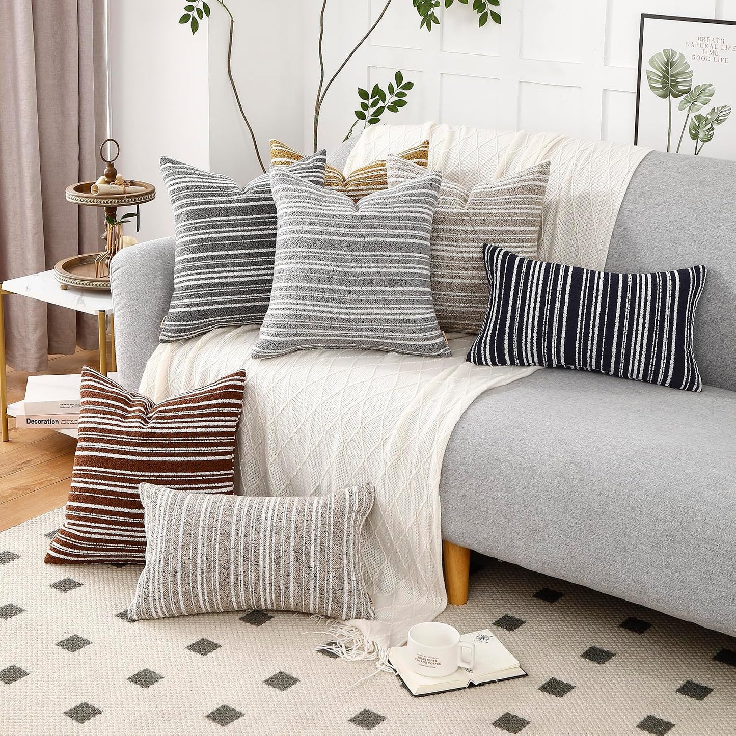 Yellow Striped Chenille Throw Pillow Covers 18x18 Inch Set of 2 Modern Farmhouse Decorative Cushion Covers for Sofa Couch Living Room Bedroom