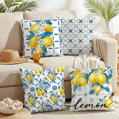 FUTBU Lemon Throw Pillow Covers 18x18 Inch Set of 4, Bule Diamond Check Farmhouse Cushion Case, Hello Summer Party Holiday Decoration for Sofa Couch