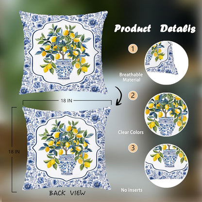 Chinoiserie Lemon Floral Pillow Cover 18x18 Double-Sided,Summer Blue and White Decorative Throw Pillow Cover for Couch Bed Bedroom Living Room