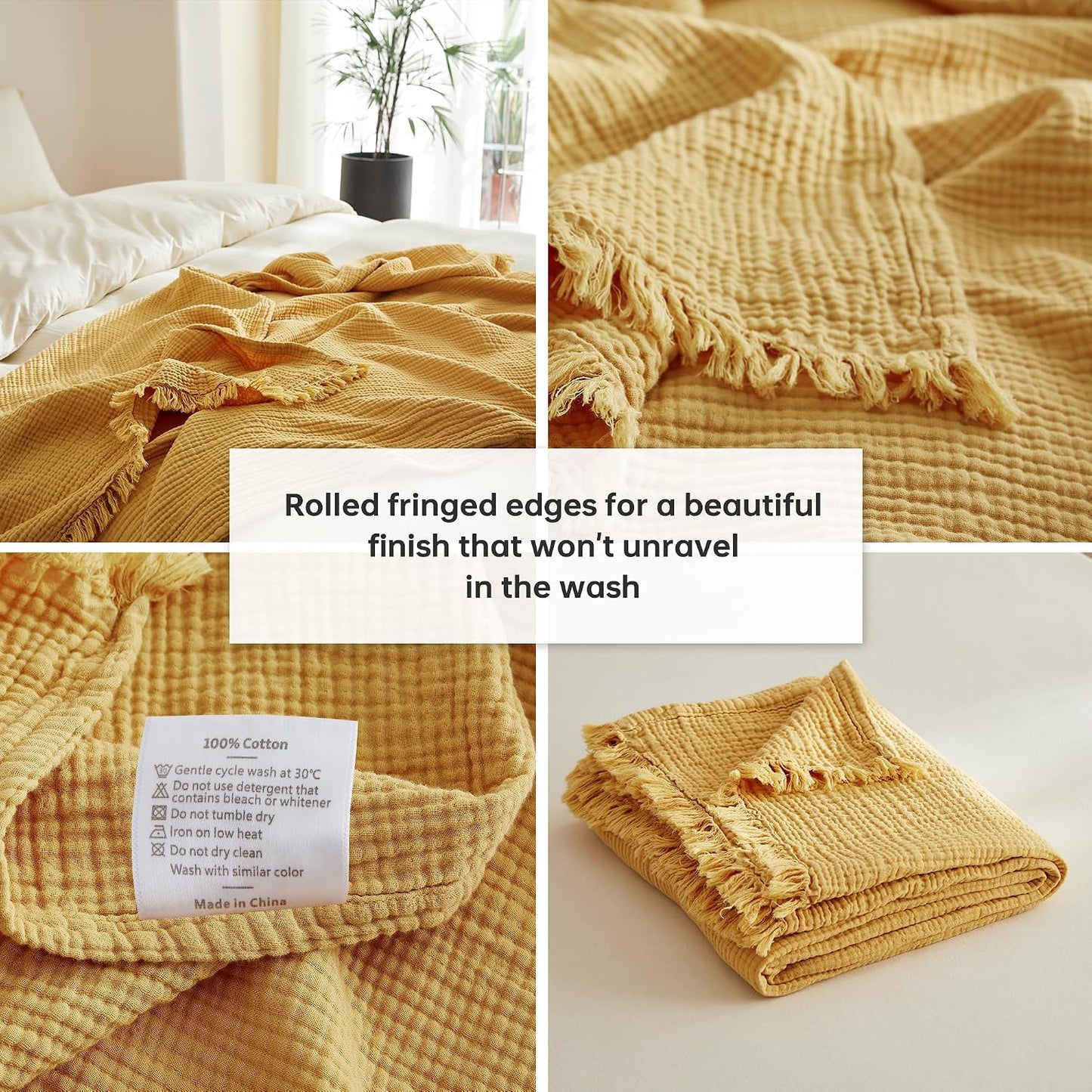 Simple&Opulence Cotton Muslin Throw Blanket 4 Layers for Bed, Couch, Woven Gauze Blanket with Tassels, Soft Lightweight Cozy Pre-Washed Breathable Farmhouse Decoration for All-Season(Yellow)