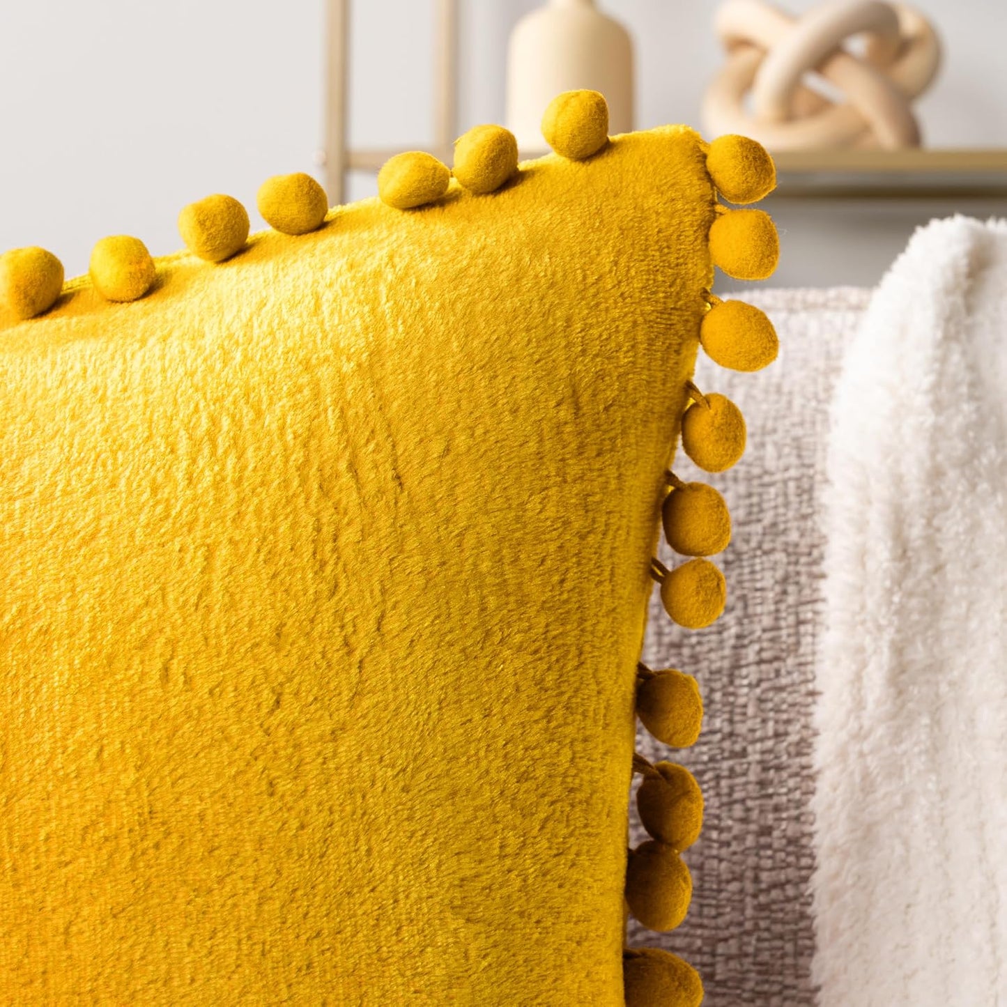 PAVILIA Mustard Yellow Throw Pillow Covers with Pom Pom 18x18 Set of 2, Decorative Pillow Cases for Bedroom Aesthetic, Small Throw Pillows Set for Bed, Velvet Euro Plush Cushion Covers for Sofa Couch