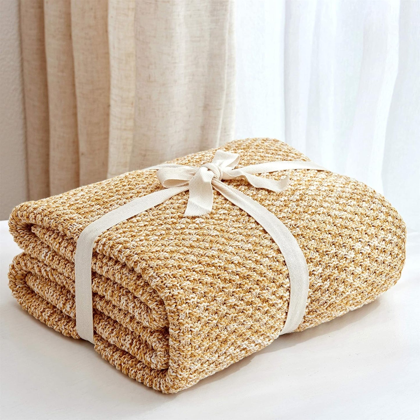 Longhui bedding 100% Cotton Knitted Throw Blanket – Mustard Yellow, Soft & Cozy, Machine Washable, 60"x80" – Perfect for Living Room, Couch, Sofa, Bed or Travel