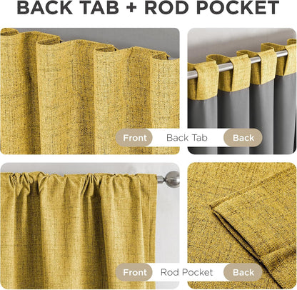 Joydeco Blackout Curtains for Bedroom - 72 Inch Long 100% Light Blocking 2 Panels Set Yellow Drapes, Thermal Insulated Room Darkening Curtains, Linen Textured for Living Room, Rod Pocket & Back Tabs
