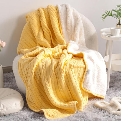 NTBAY Cotton Cable Knit Sherpa Throw Blanket for Couch (51"x67"), Soft Warm Fleece Knitted Throw for Bed, Sofa, Chair - Extra Cozy, Machine Washable, Comfortable Home Decor, Yellow