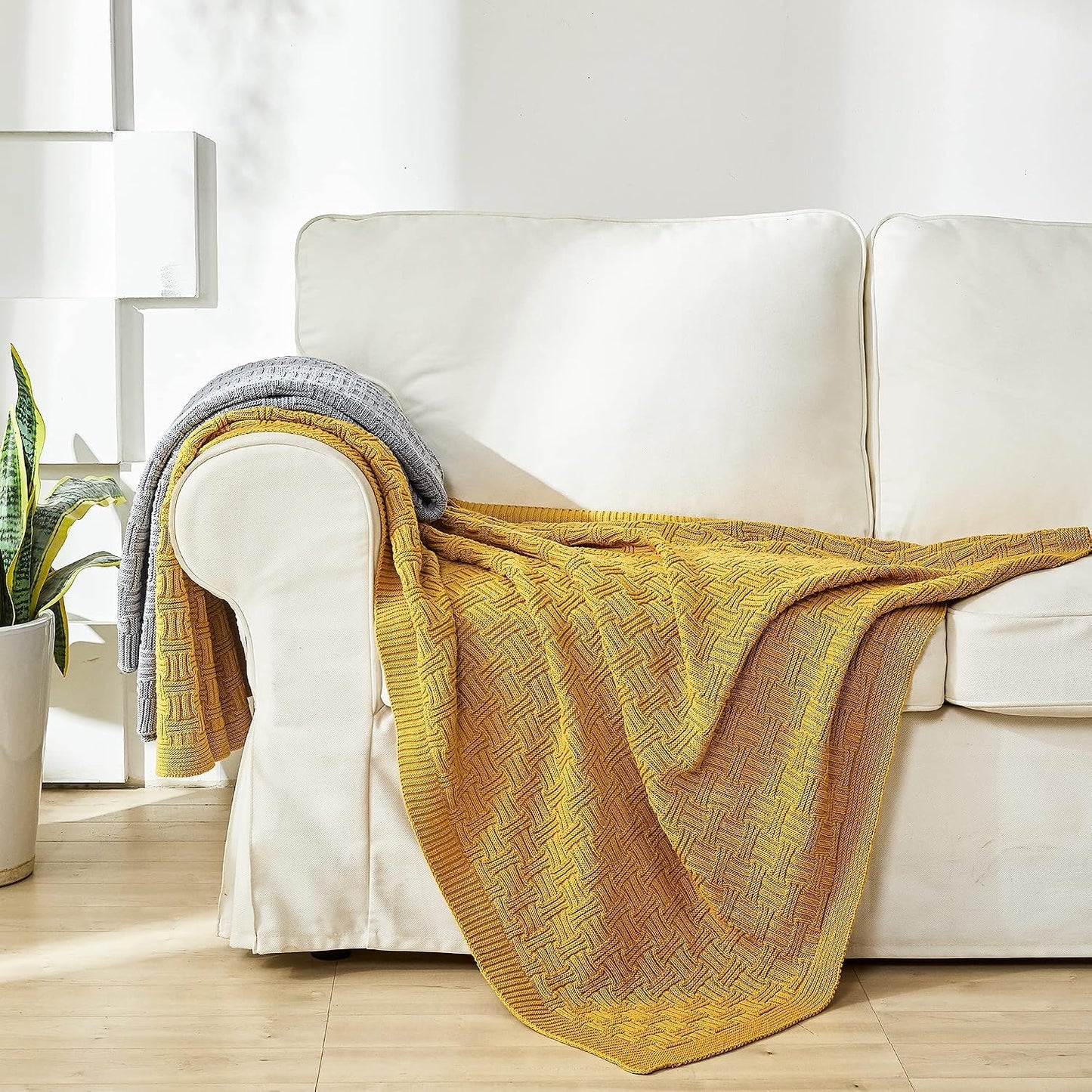 Cotton Mustard Yellow Knit Throw Blanket for Couch Sofa Beach Chair Bed Home Decorative Soft Warm Cozy Cable Lightweight Knitted Blankets,50 x 60 Inch, 2.2 Pounds