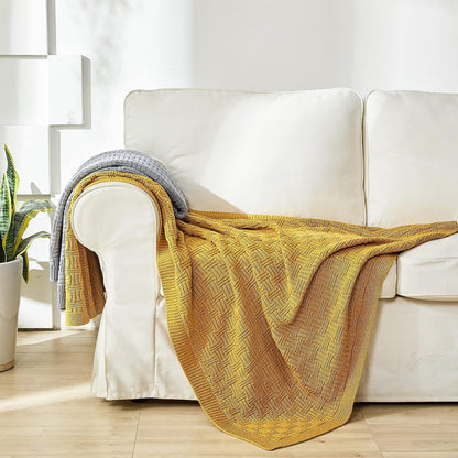 Cotton Mustard Yellow Knit Throw Blanket for Couch Sofa Beach Chair Bed Home Decorative Soft Warm Cozy Cable Lightweight Knitted Blankets,50 x 60 Inch, 2.2 Pounds