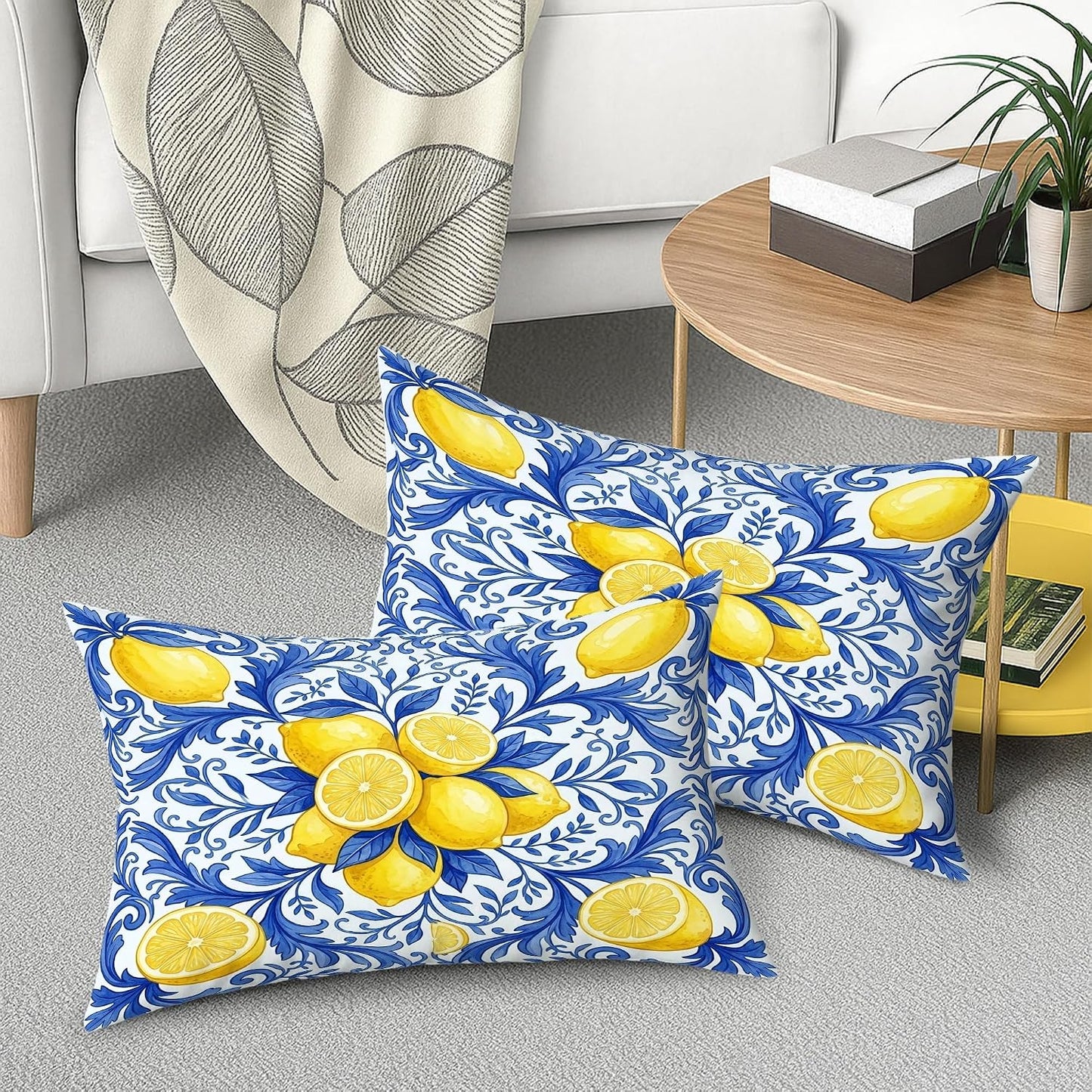 Lemon Throw Pillow Covers Set of 2, Mediterranean Traditional Leaf Flower Summer Yellow Soft Velvet Washable Cushion Covers Pillow for Living Room Bed Office Sofa Chair Decor 20x12 Inch