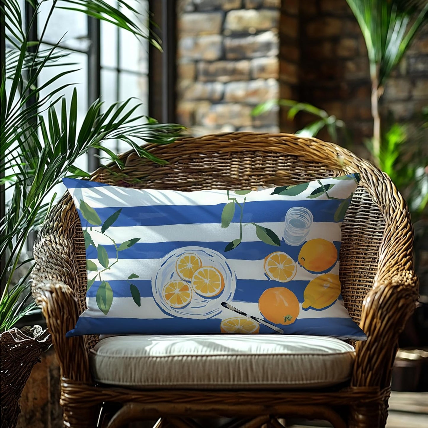 Summer Lemon Pillow Cover 12x20 Double-Sided, Lemon Home Decor, Trendy Blue and White Striped Yellow Fruit Decorative Lumber Throw Pillow Cover for Home Bedroom Living Room