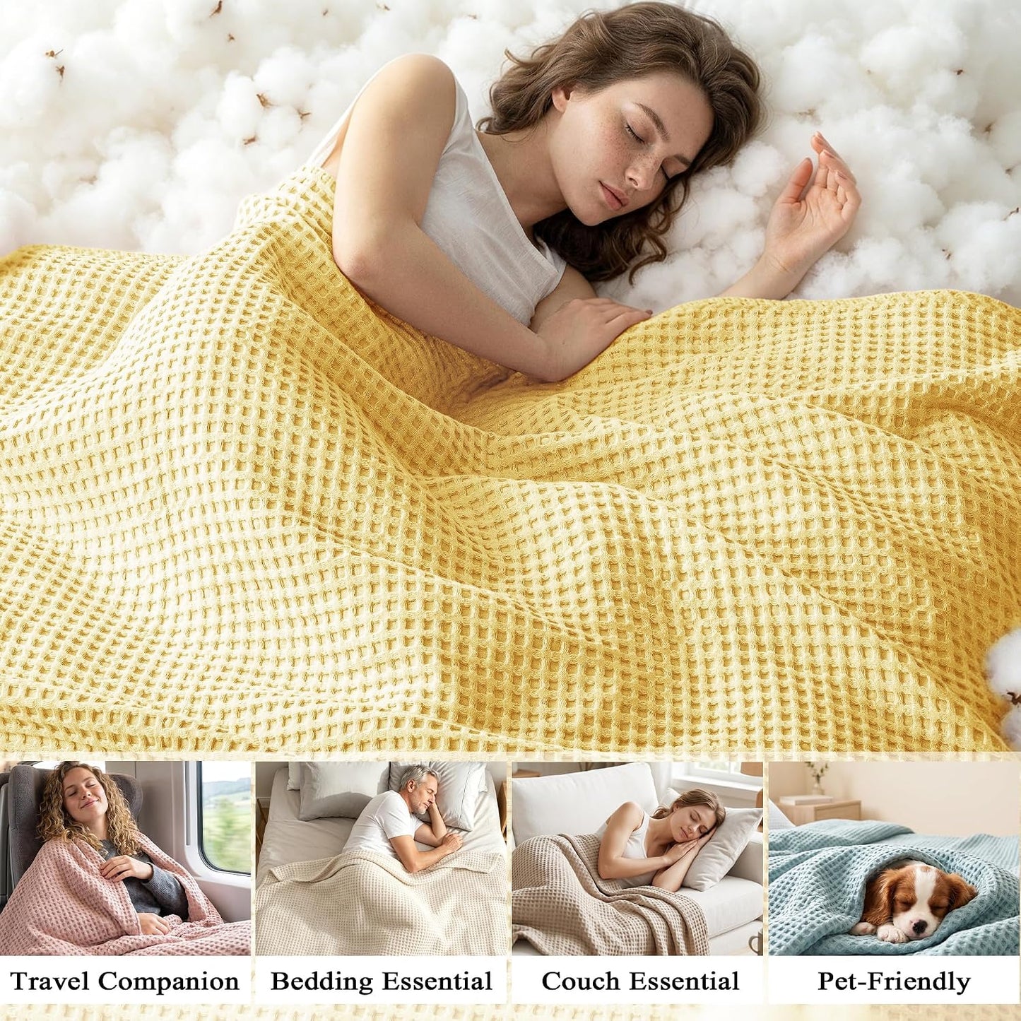 Exclusivo Mezcla Pre-Washed 100% Cotton Waffle Blanket King Size for Bed, 330GSM Lightweight Breathable Summer Blankets, Soft and Cozy, Home Decor, Yellow, 104x90 Inches