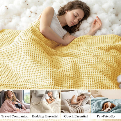 Exclusivo Mezcla Pre-Washed 100% Cotton Waffle Blanket King Size for Bed, 330GSM Lightweight Breathable Summer Blankets, Soft and Cozy, Home Decor, Yellow, 104x90 Inches