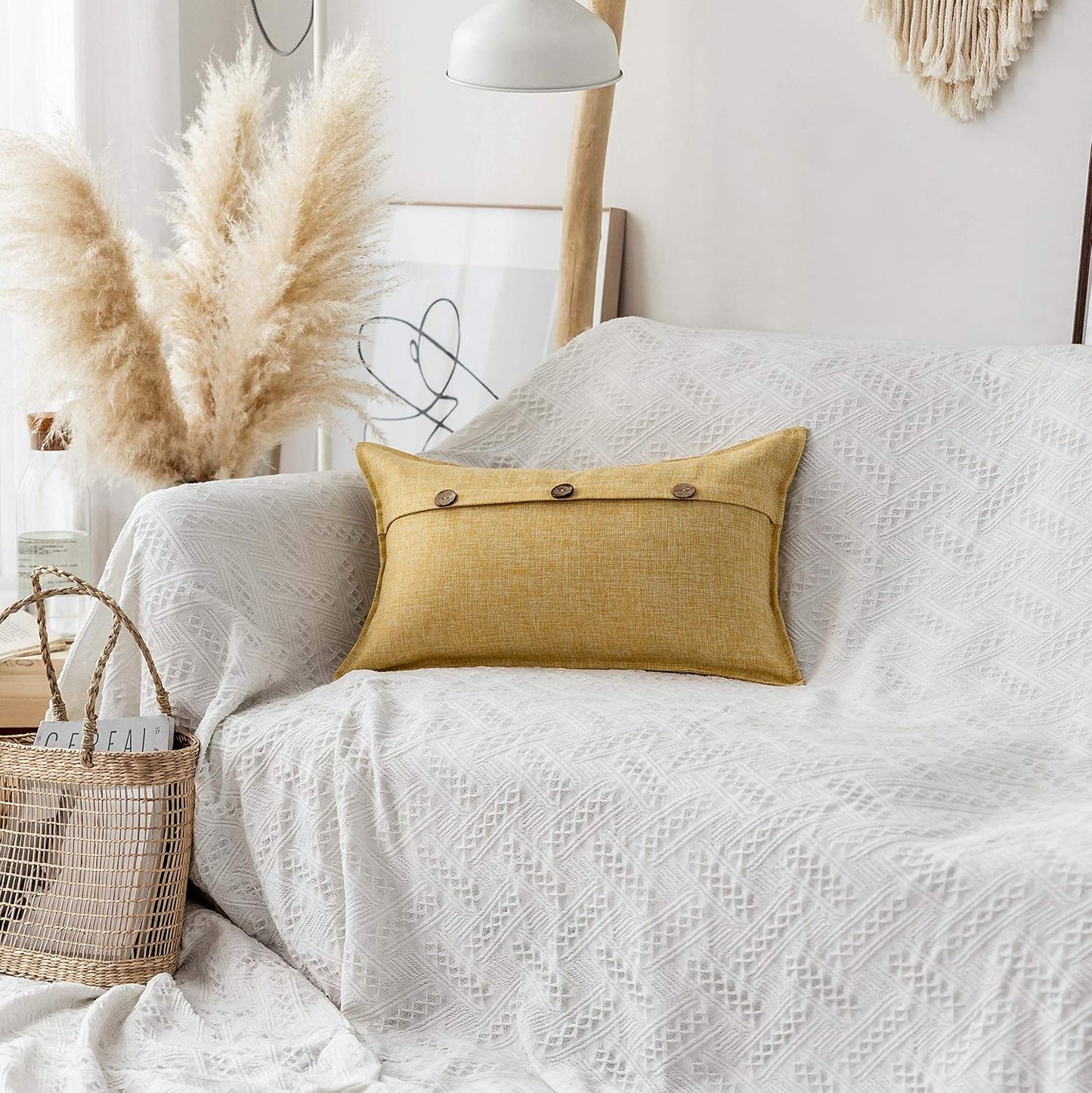Home Brilliant 12x20 Pillow Covers Linen Boho Throw Pillows for Couch Triple Button Design Decorative Throw Pillow Covers for Indoor Sofa Bed Outdoor Summer Decor, Set of 2, Yellow