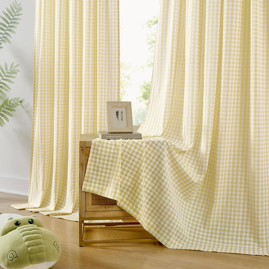 ZJDECOR Yellow White Crinkled Buffalo Plaid Short Curtains 63 Inches Long,Not-See-Through Sheer Panels,Cottage Window Treatment for Nursery Bedroom,Rod Pocket,Tiebacks Included,52" Wx63 L(Pack of 2)