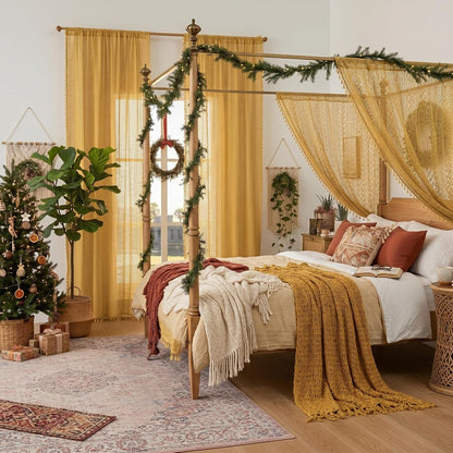 WAZZIO Boho Lace Curtains 84 Inches 2 Panel,Light Filtering Privacy Tassel & Geometry Crochet Semi Sheer Curtain Drapes for Bedroom Living Dining Room,Rod Pocket & Tassel,Mustard Yellow