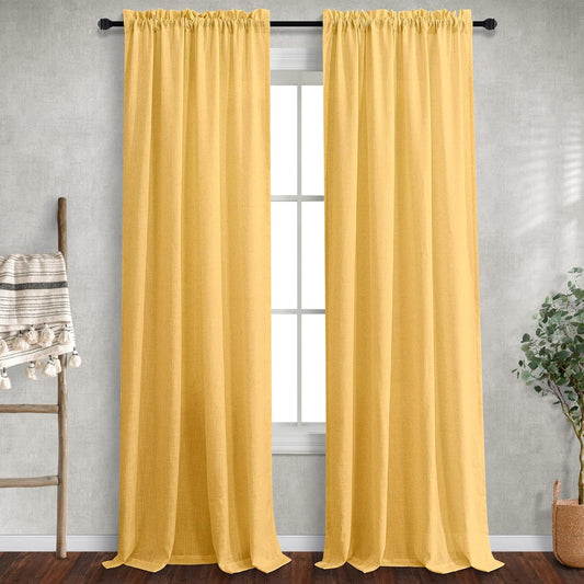 Yellow Gold Linen Curtains 84 Inch Length for Living Room 2 Panels Rod Pocket Drapes Light Filtering Semi Sheer Mustard Golden Yellow Curtain for Bedroom Fall Autumn Decor 52x84 Long Sunflower Colored