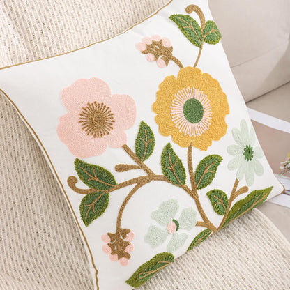 Floral Throw Pillow Covers 18x18 Pack of 2 Pink and Yellow Flower Embroidered Pillow Cover with Green Leaves Farmhouse Pillow Cushion Case Decorative Farm Pillowcases for Summer Fall Autumn