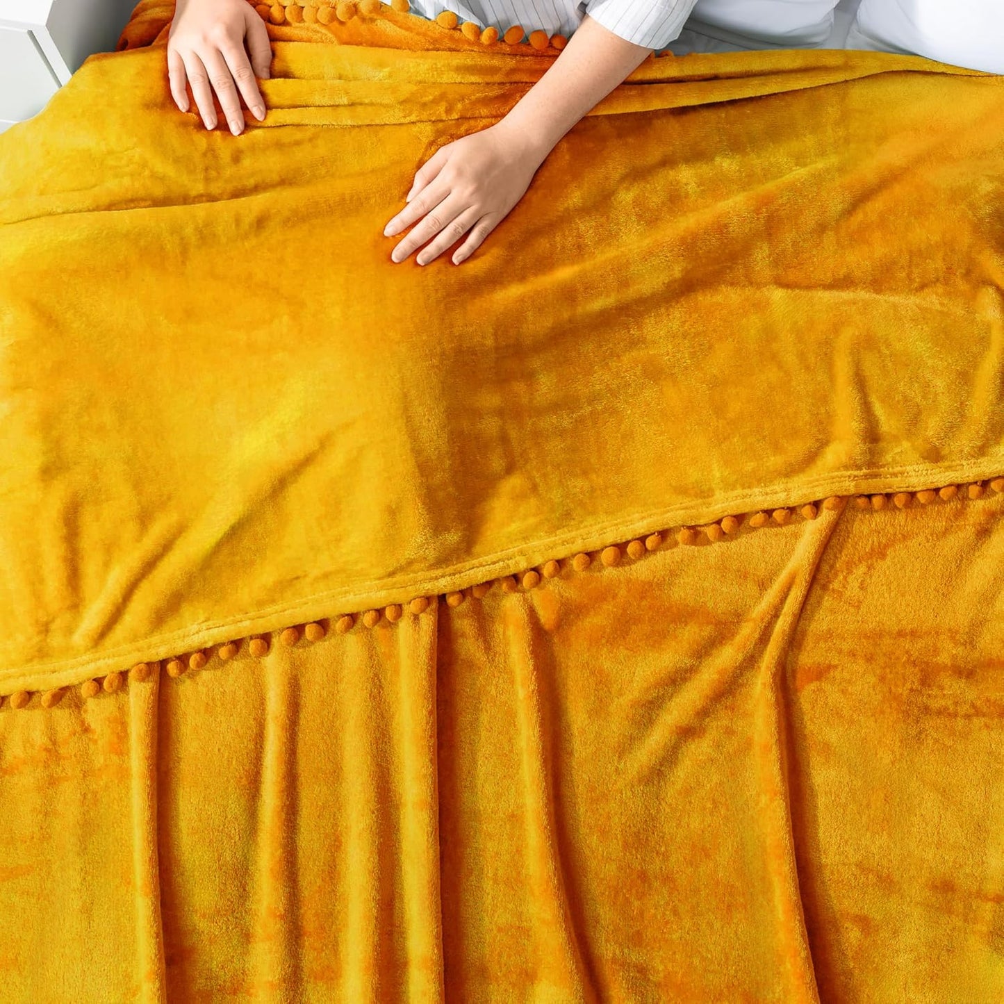 PAVILIA Fleece Throw Blanket for Couch with Pom Pom Fringe, Mustard Yellow, Soft Cozy Fuzzy Flannel Blanket for Sofa Bed, Lightweight Plush All Season Throw, 50x60 Inches