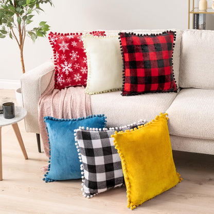 PAVILIA Mustard Yellow Throw Pillow Covers with Pom Pom 18x18 Set of 2, Decorative Pillow Cases for Bedroom Aesthetic, Small Throw Pillows Set for Bed, Velvet Euro Plush Cushion Covers for Sofa Couch