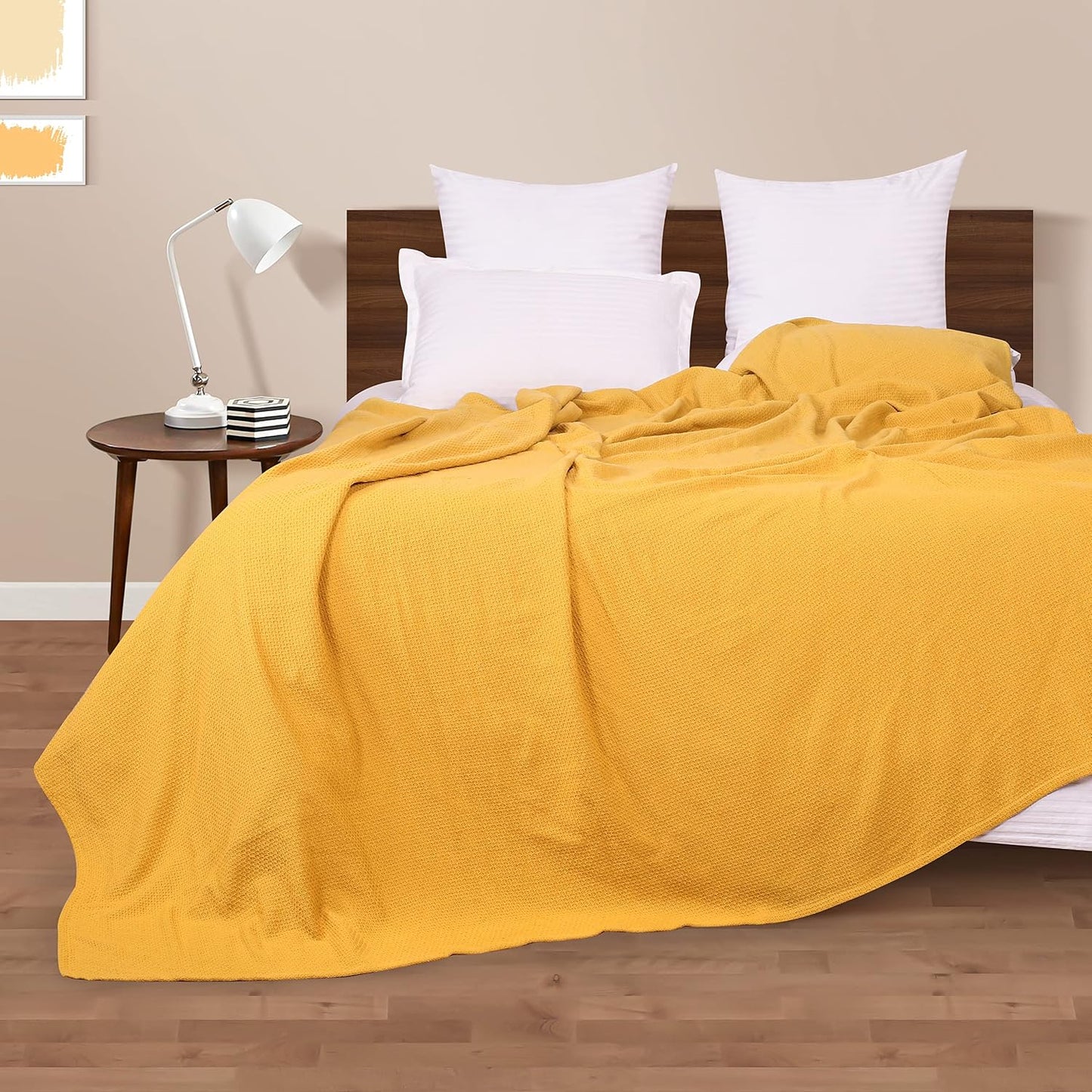 BOUTIQUO 100% Cotton Bed Blanket, Breathable Thermal King Size, Soft Honeycomb Waffle Blanket 90"x102", Perfect for Layering Any Bed for All Season, Mustard Yellow