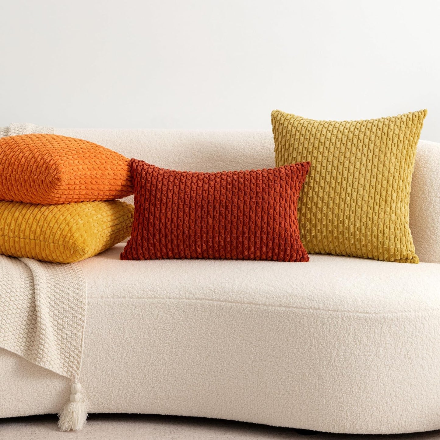 UGASA Fall Soft Corduroy Decorative Pillow Cover 12x20 Inch Boho Striped Oblong Throw Pillow Cover Rectangle Lumbar Modern Home Decor for Sofa Living Room Couch Bed Mustard Yellow 1 Piece