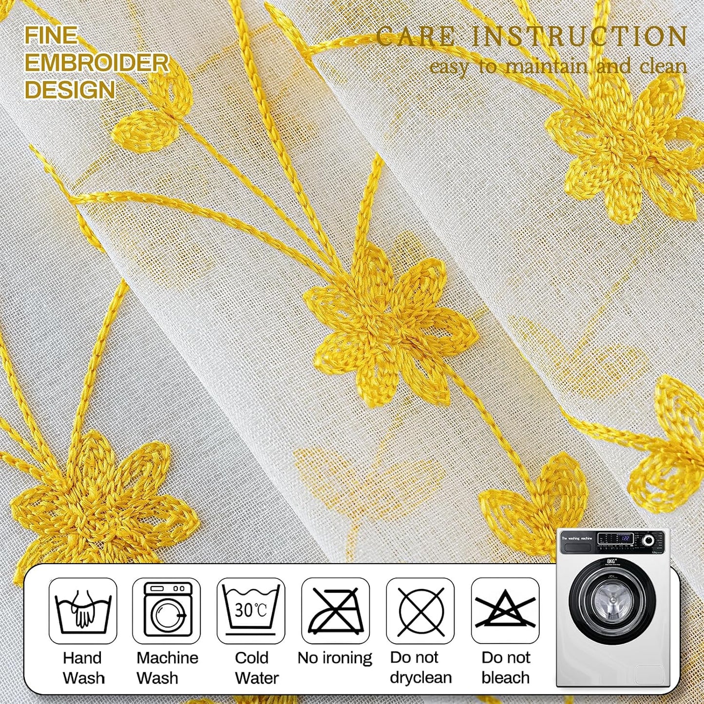 AmHoo 2 Panels Leaf Flora Embroidered Farmhouse Semi Sheer Curtain Voile Curtains for Living Room Bedroom Window Treatment White Gold Yellow 53 x 84 Inch