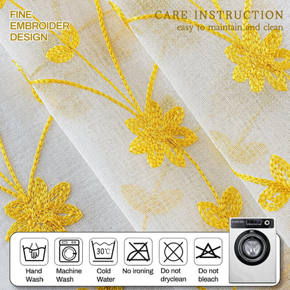 AmHoo 2 Panels Leaf Flora Embroidered Farmhouse Semi Sheer Curtain Voile Curtains for Living Room Bedroom Window Treatment White Gold Yellow 53 x 84 Inch