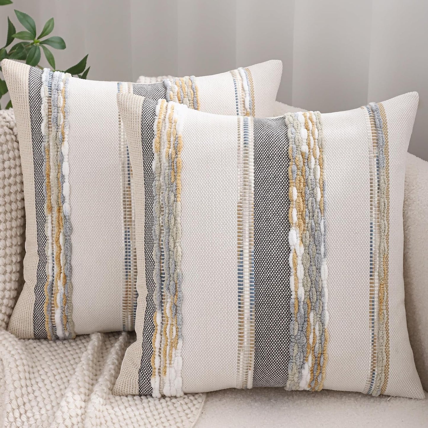 Boho Tufted Throw Pillow Covers 18x18 Set of 2 Striped Decorative Pillow Cases Accent Chenille Pillowcases Farmhouse Cushion Case Fall Autumn Home Decor for Sofa Bed Living Room,Yellow and Gray