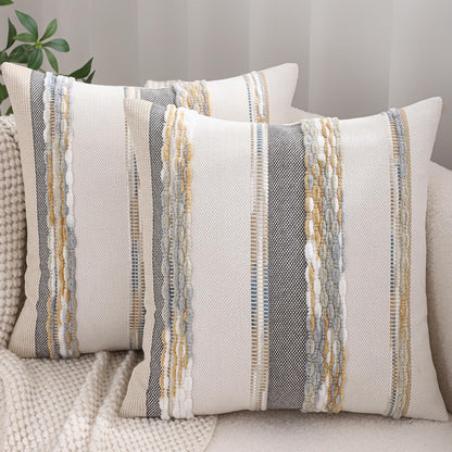 Boho Tufted Throw Pillow Covers 18x18 Set of 2 Striped Decorative Pillow Cases Accent Chenille Pillowcases Farmhouse Cushion Case Fall Autumn Home Decor for Sofa Bed Living Room,Yellow and Gray