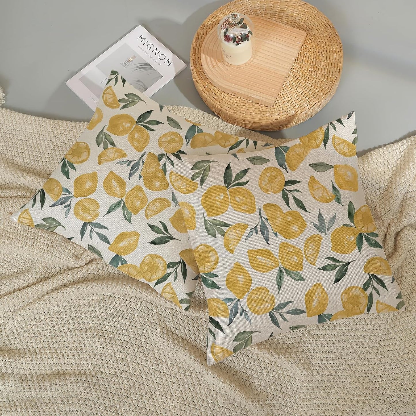 Summer Pillow Covers 18x18 Inch Set of 2 Yellow Lemon Pillow Covers Summer Outdoor Decorative Pillow Cases Linen Farmhouse Yellow Cushion Covers Decor for Couch Living Room Bedroom Sofa