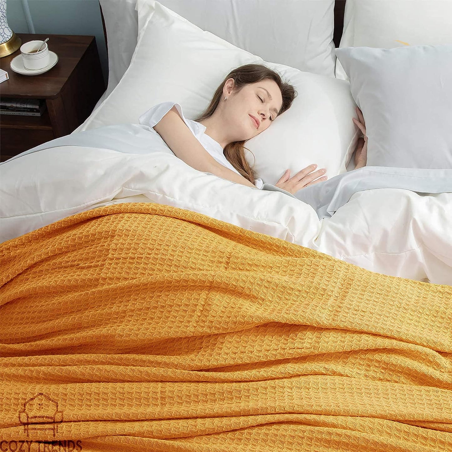 Luxurious Combed Cotton Waffle Weave Super Soft, Cozy Warm, Breathable, Light Weight, Stylish, All Season Thermal Blankets Twin/Full/Queen/King (Mustard Yellow, Full/Queen)