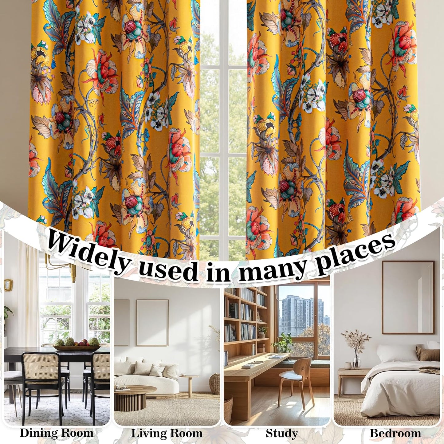 MYSKY HOME Yellow Floral 95% Blackout Curtains 84 Inches Long for Living Room Bedroom Thermal Insulated Light Blocking Noise Reducing Flower Printed Vintage Window Treatments Grommet, 2 Pcs, 52" Wide