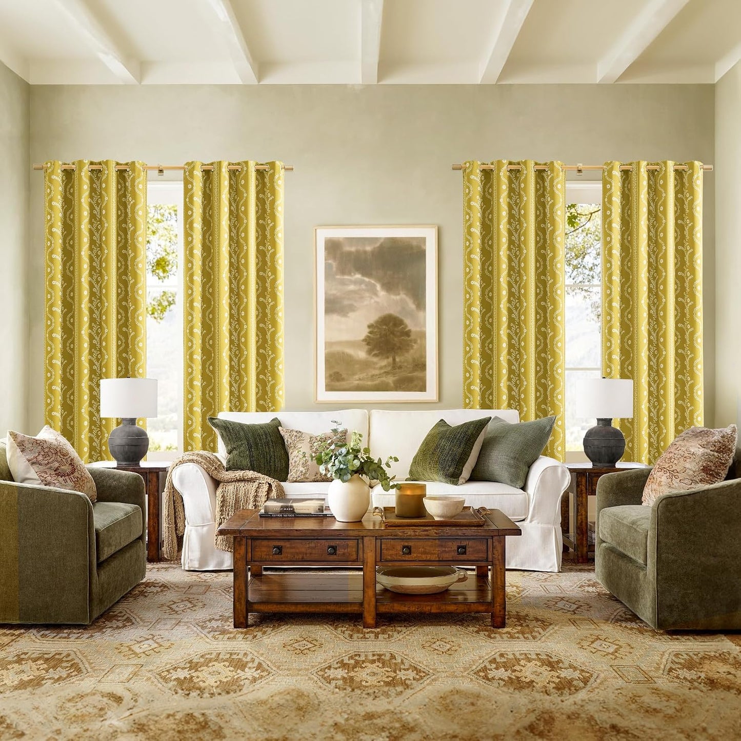 LIMON HOME Mustard Yellow Curtains & Drapes 84 Inches Long 2 Panels for Living Room 100% Blackout Magritte Printed Floral Curtains Yellow