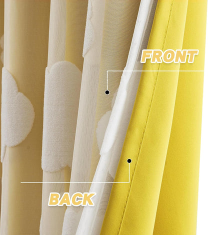 Yellow Blackout Curtains for Nursery Double Layer Curtains with Cute Cloud Pattern Sheer Overlay Grommet Room Darkening Drapes for Kids Room 2 Panels Set, W52 X L84