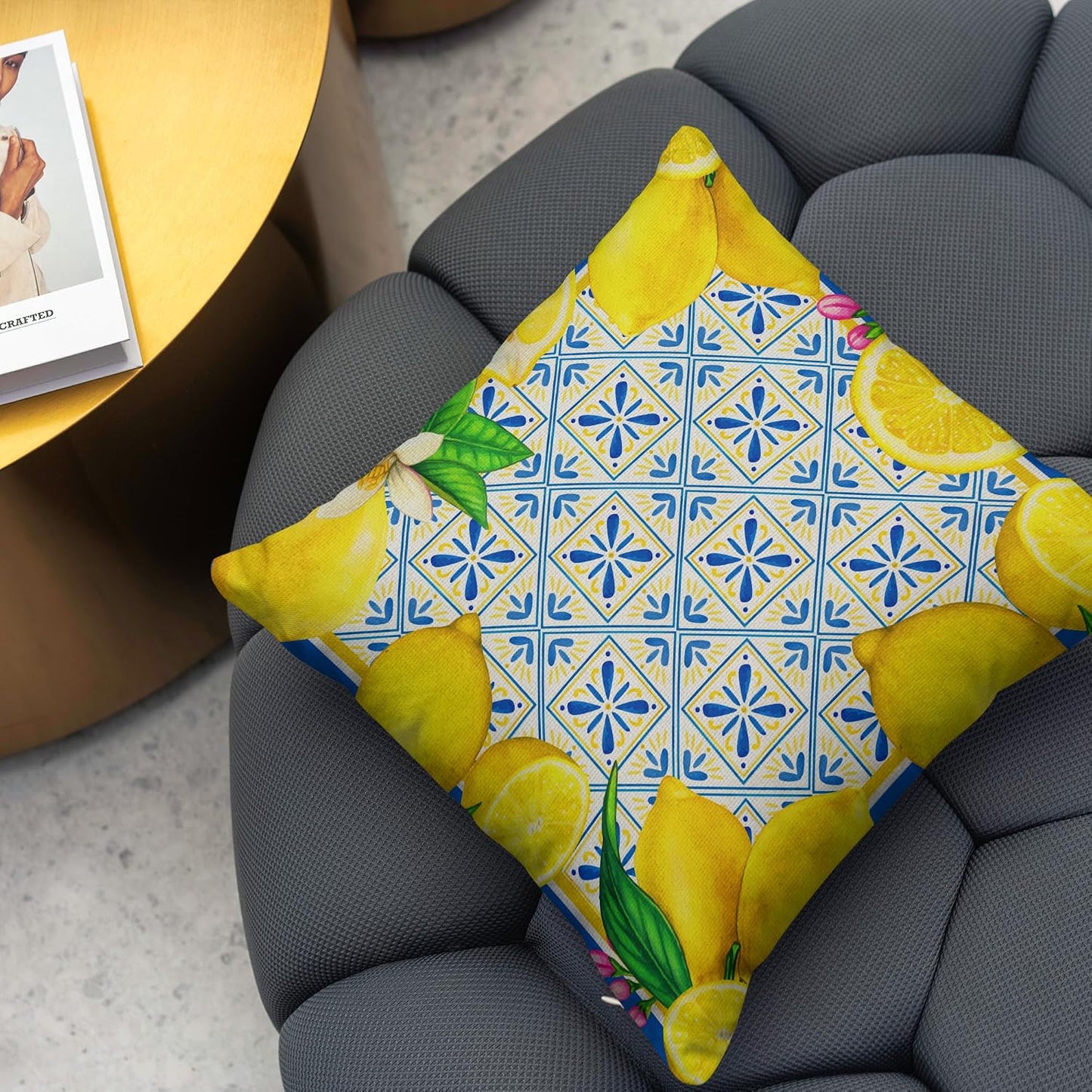 Italian Lemon Pillow Cases - Blue & Cyan Burlap Artifical Fruit Farmhouse Decorations for Spring/Summer Life & Party