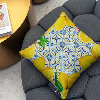 Italian Lemon Pillow Cases - Blue & Cyan Burlap Artifical Fruit Farmhouse Decorations for Spring/Summer Life & Party