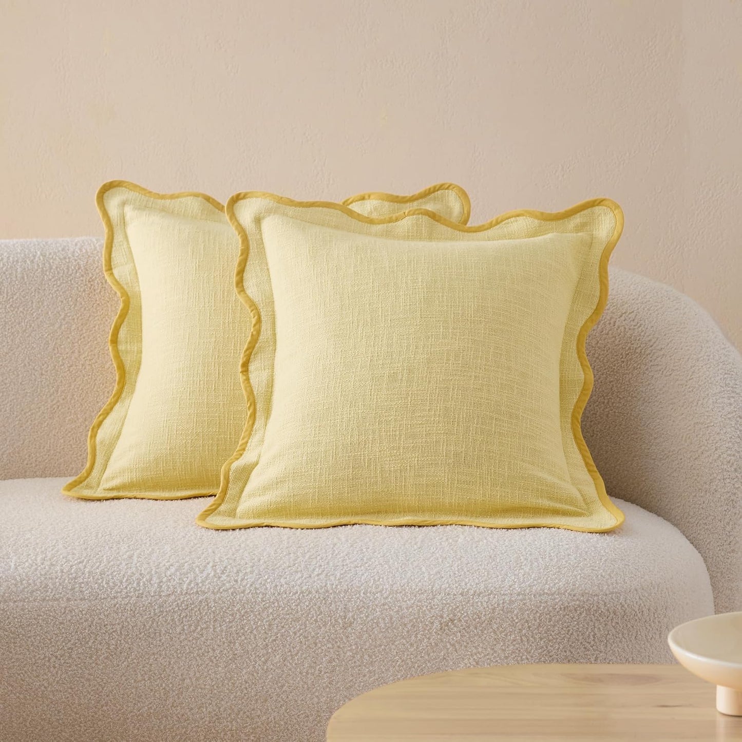 Double Stitch Scalloped Throw Pillow Covers - 100% Cotton Set of 2 Decorative Boho Pillow Covers 20 x 20, Made in India, Square Cushion Case, Modern Home Decor for Couch Sofa, Lemon Yellow