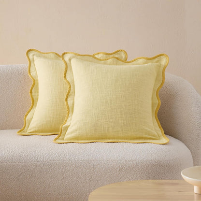 Double Stitch Scalloped Throw Pillow Covers - 100% Cotton Set of 2 Decorative Boho Pillow Covers 20 x 20, Made in India, Square Cushion Case, Modern Home Decor for Couch Sofa, Lemon Yellow