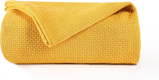 BOUTIQUO 100% Cotton Bed Blanket, Breathable Thermal Blanket Twin Size, Soft Honeycomb Waffle Blanket 60"x90", Cotton Bed Blanket, Perfect for Layering Any Bed for All Season, Mustard Yellow