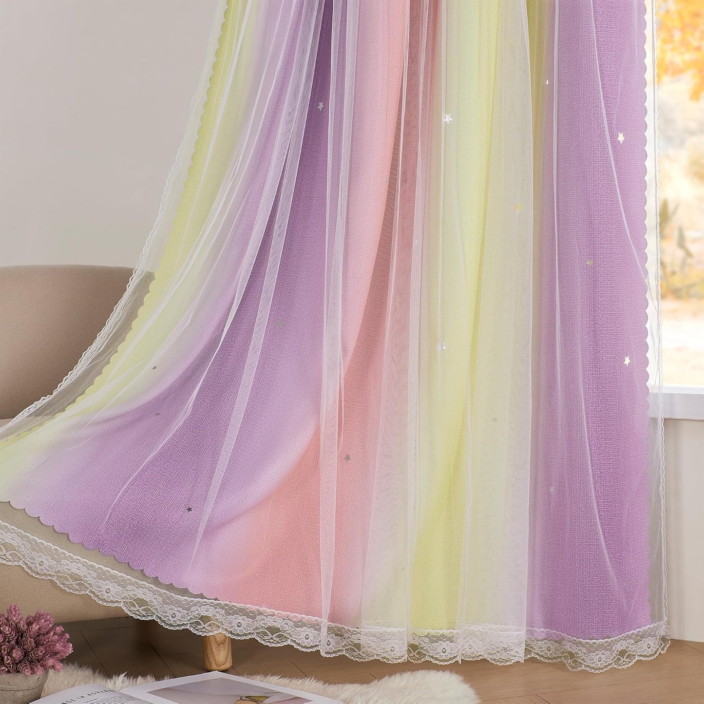 XiDi Pink Yellow Curtains for Bedroom Decor Blackout Curtains for Girls Kids Room Rainbow Unicorn Wall Decals 34X63 Inch Long 1 Panel
