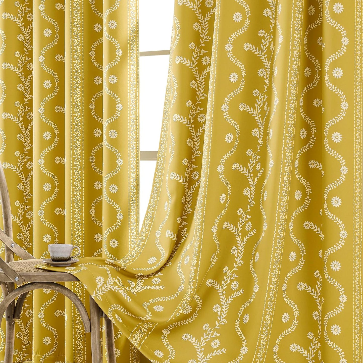 LIMON HOME Mustard Yellow Curtains & Drapes 84 Inches Long 2 Panels for Living Room 100% Blackout Magritte Printed Floral Curtains Yellow