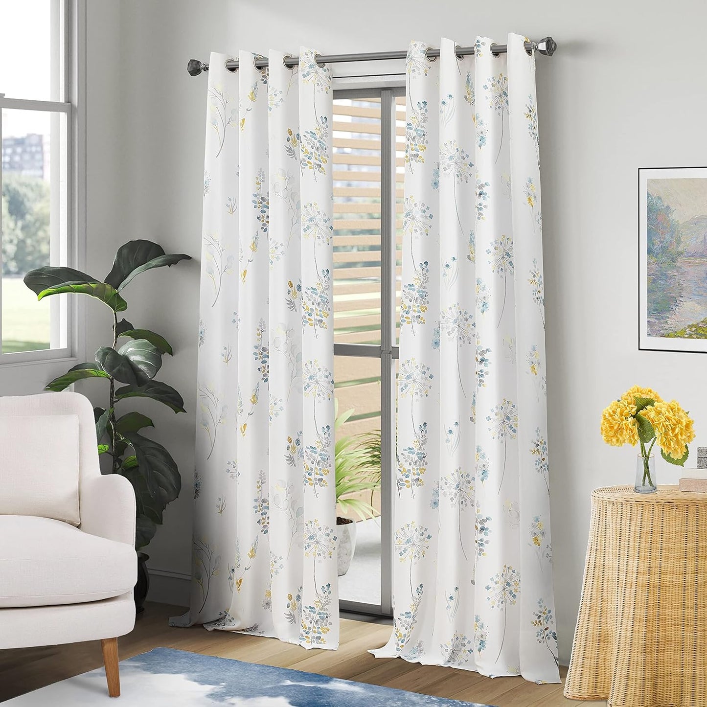 XTMYI Yellow and Blue Floral Spring Curtains for Living Room, Pretty Ditsy Flower Printed Drapes, Summer Decorative Patterned Semi Blackout Window Panels for Sunroom Sliding Glass Door, 52" W x 84" L