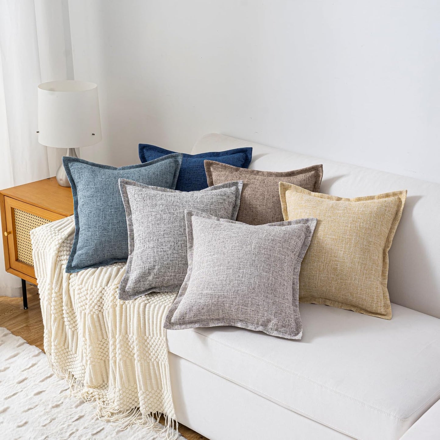 18"X18" Pack of 2, Decorative Linen Soild Throw Pillow Covers with Stylish Flange Edge Cozy Farmhouse Neutral Pillowcase for Couch Sofa Bedroom Living Room Home Décor Light Yellow