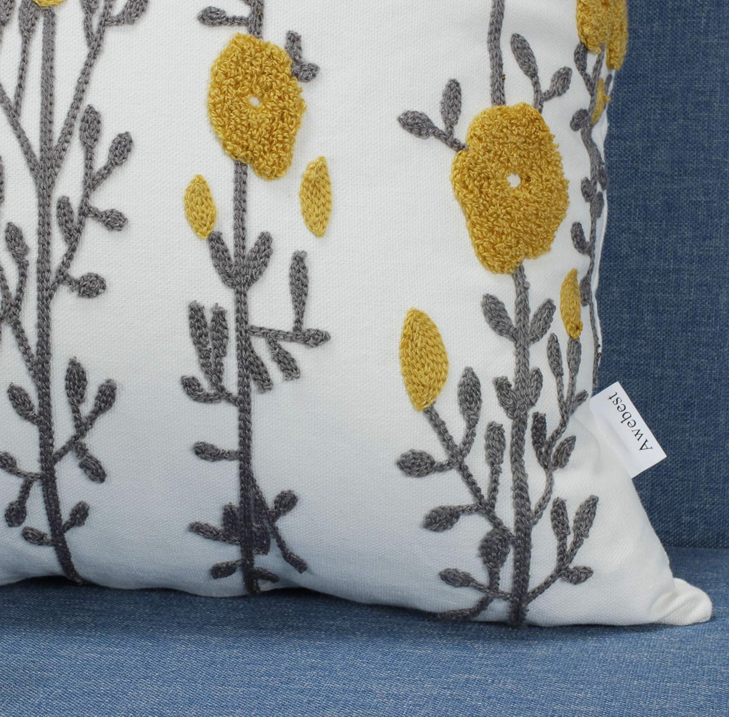 Mustard Yellow Flora Throw Pillow Covers Fall Decorative Pillowcase 18x18 Embroidered Cushion for Home Living Room Farmhouse Couch Sofa Picnic 2 Pcs