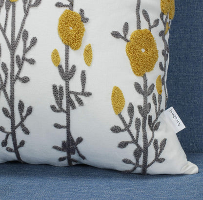 Mustard Yellow Flora Throw Pillow Covers Fall Decorative Pillowcase 18x18 Embroidered Cushion for Home Living Room Farmhouse Couch Sofa Picnic 2 Pcs