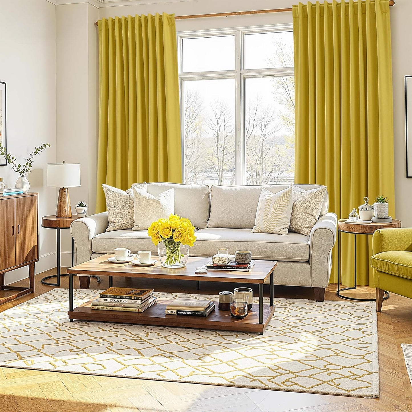 Guken 100% Blackout Curtains 84 Inch Length 2 Panels Set for Living Room Bedroom Back Tab Thermal Insulated Black Out Linen Drapes Room Darkening Celery Yellow,52x84