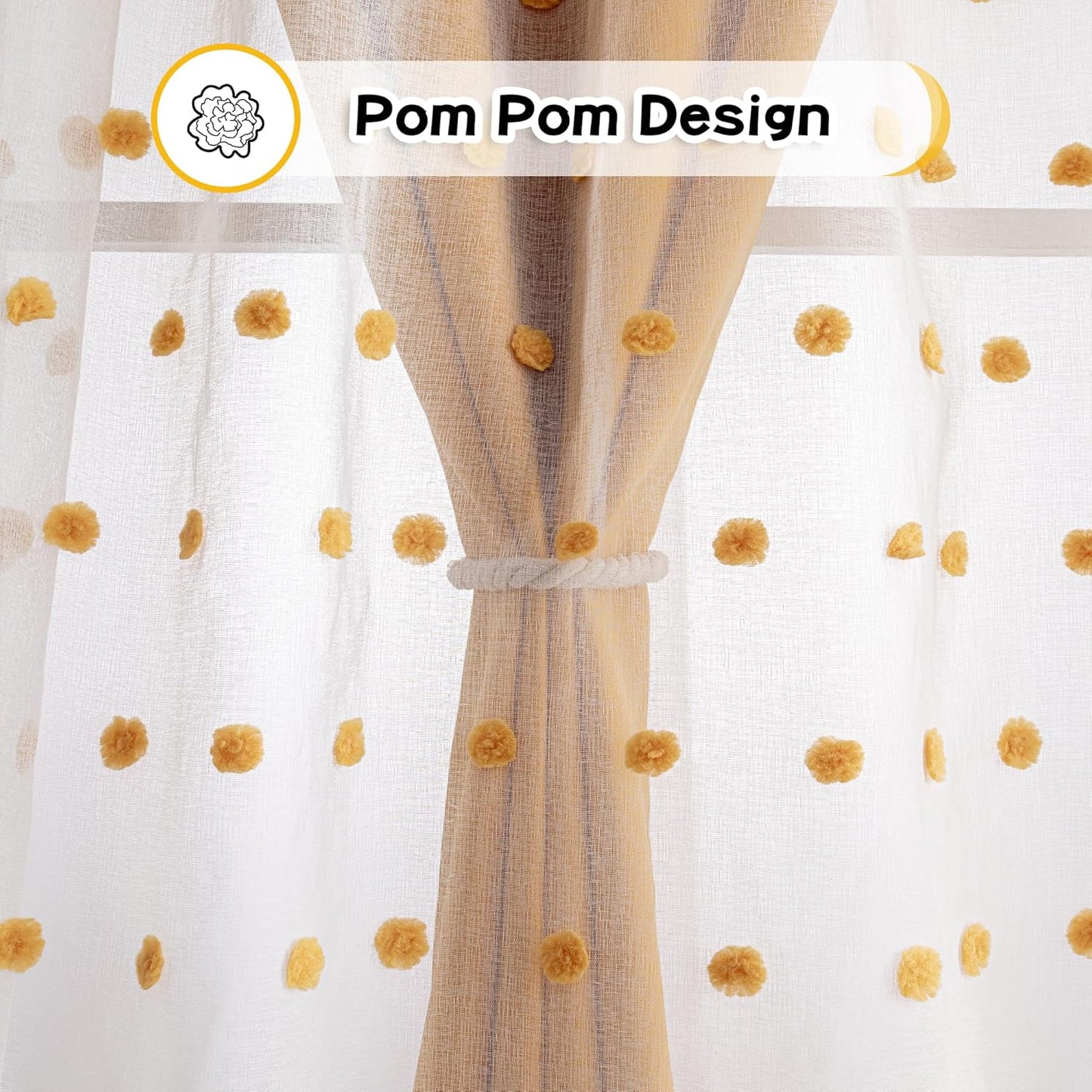 MYSKY HOME 90 Inches Long Living Room Curtains with Yellow Pom Pom Sheer Nursery Curtain Kids Blackout Drapes for Bedroom Double Layer Room Darkening Window Panels Grommet, Yellow, 52" Wide, 2 Pieces