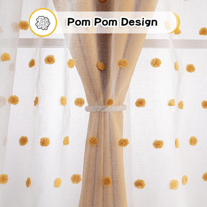 MYSKY HOME 90 Inches Long Living Room Curtains with Yellow Pom Pom Sheer Nursery Curtain Kids Blackout Drapes for Bedroom Double Layer Room Darkening Window Panels Grommet, Yellow, 52" Wide, 2 Pieces