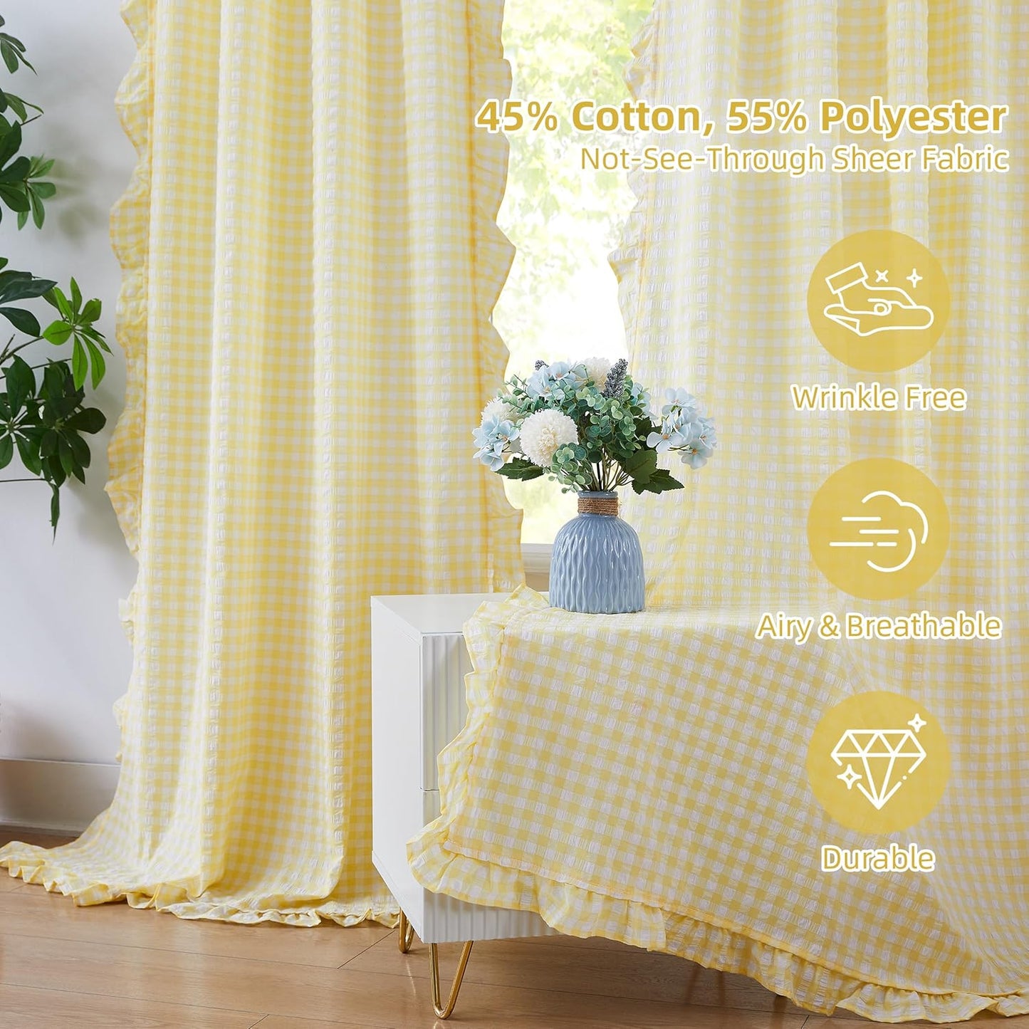 ZJDECOR Shabby Chic Yellow Ruffled Curtains 84 Inches Long,Rustic Buffalo Plaid Crinkled Not-See-Through Sheer Drapes,Farmhouse Window Treatment for Bedrooms Living Room,Rod Pockets,40"x84",Pack of 2