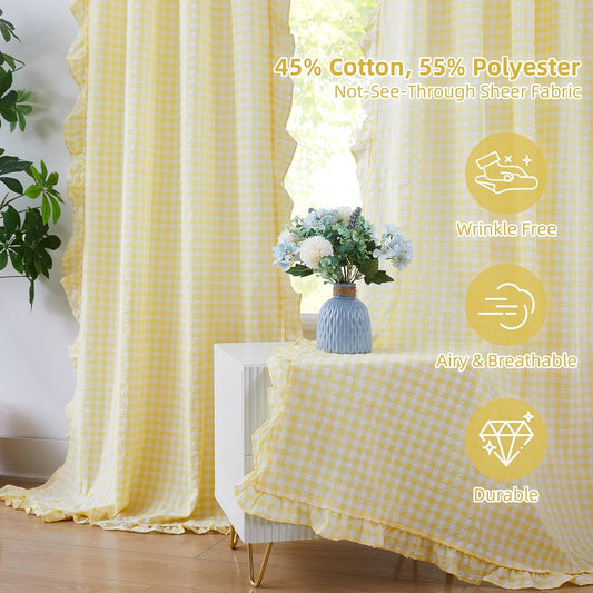 ZJDECOR Shabby Chic Yellow Ruffled Curtains 84 Inches Long,Rustic Buffalo Plaid Crinkled Not-See-Through Sheer Drapes,Farmhouse Window Treatment for Bedrooms Living Room,Rod Pockets,40"x84",Pack of 2