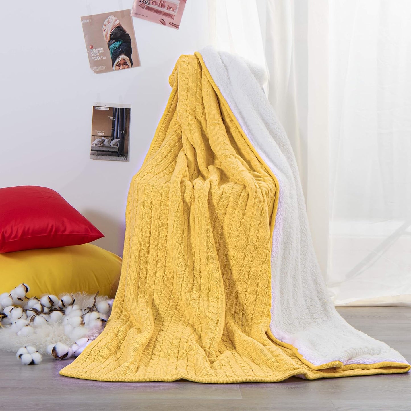NTBAY Cotton Cable Knit Sherpa Throw Blanket for Couch (51"x67"), Soft Warm Fleece Knitted Throw for Bed, Sofa, Chair - Extra Cozy, Machine Washable, Comfortable Home Decor, Yellow